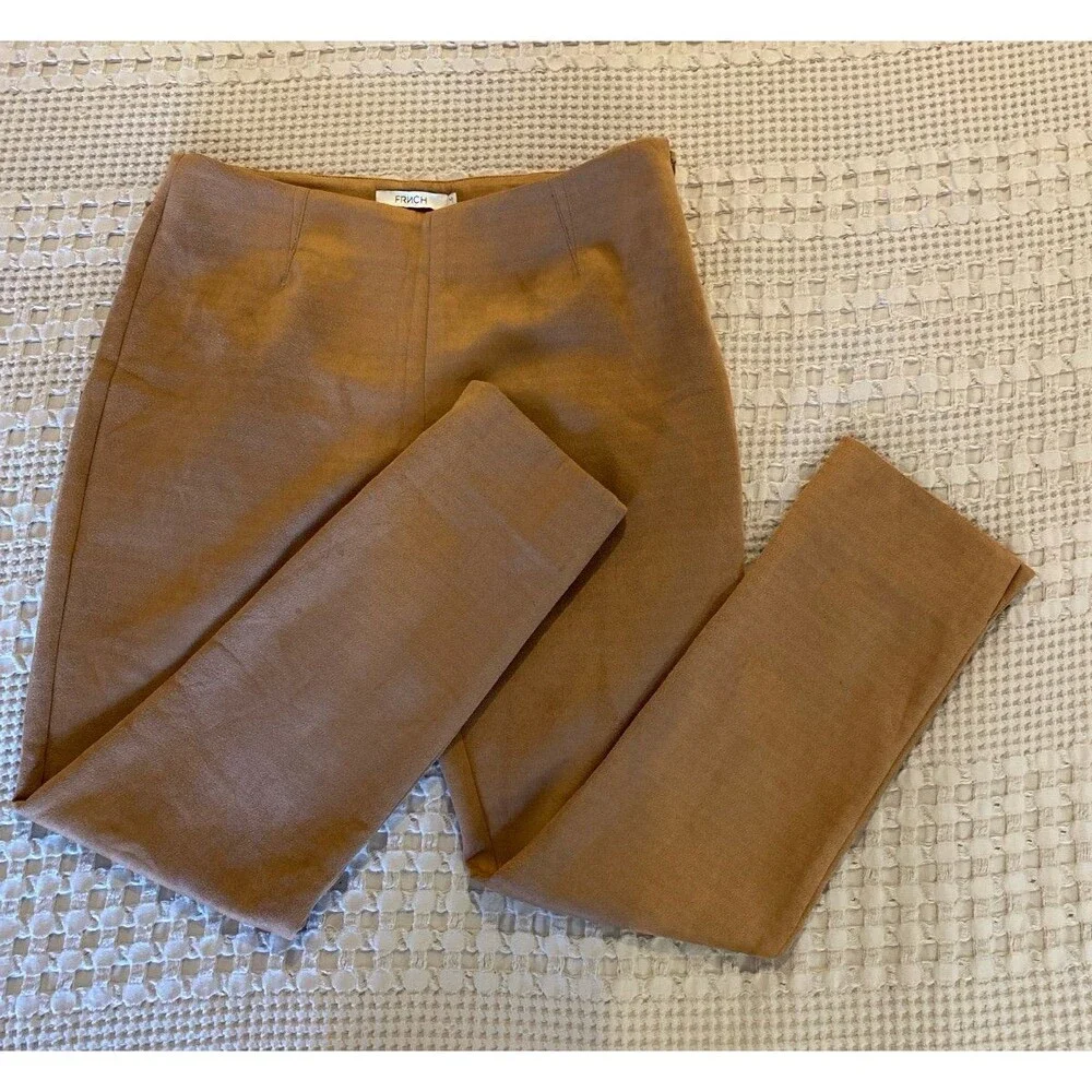 FRNCH Faux Suede Cropped Pants Size Medium Tan + Stretch Zipper‎ Side Fitted